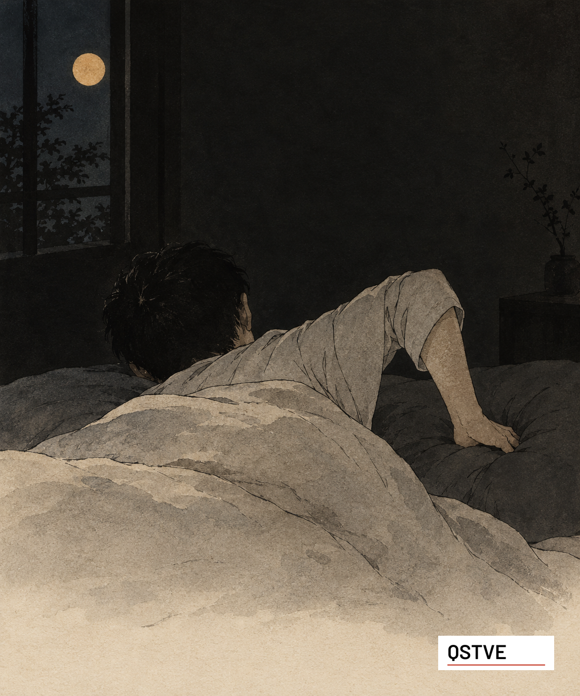 A person reaches back for a pillow in a dark bedroom lit by the moon.