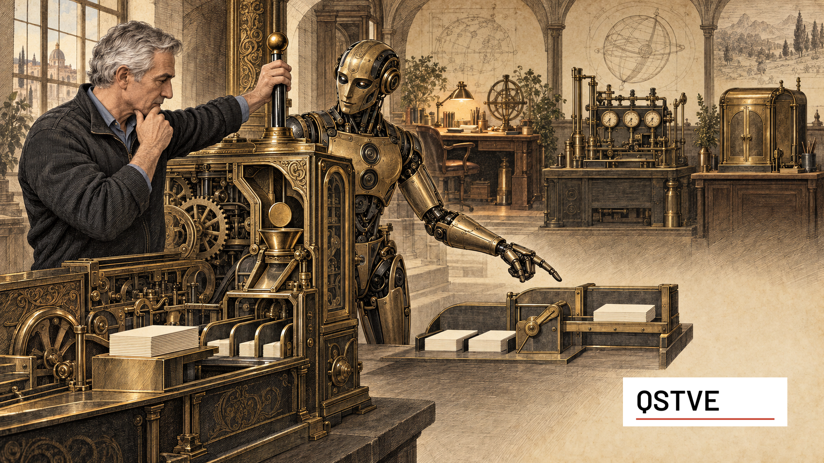 A thoughtful man beside a bronze automaton operating ornate brass machinery in a workshop.